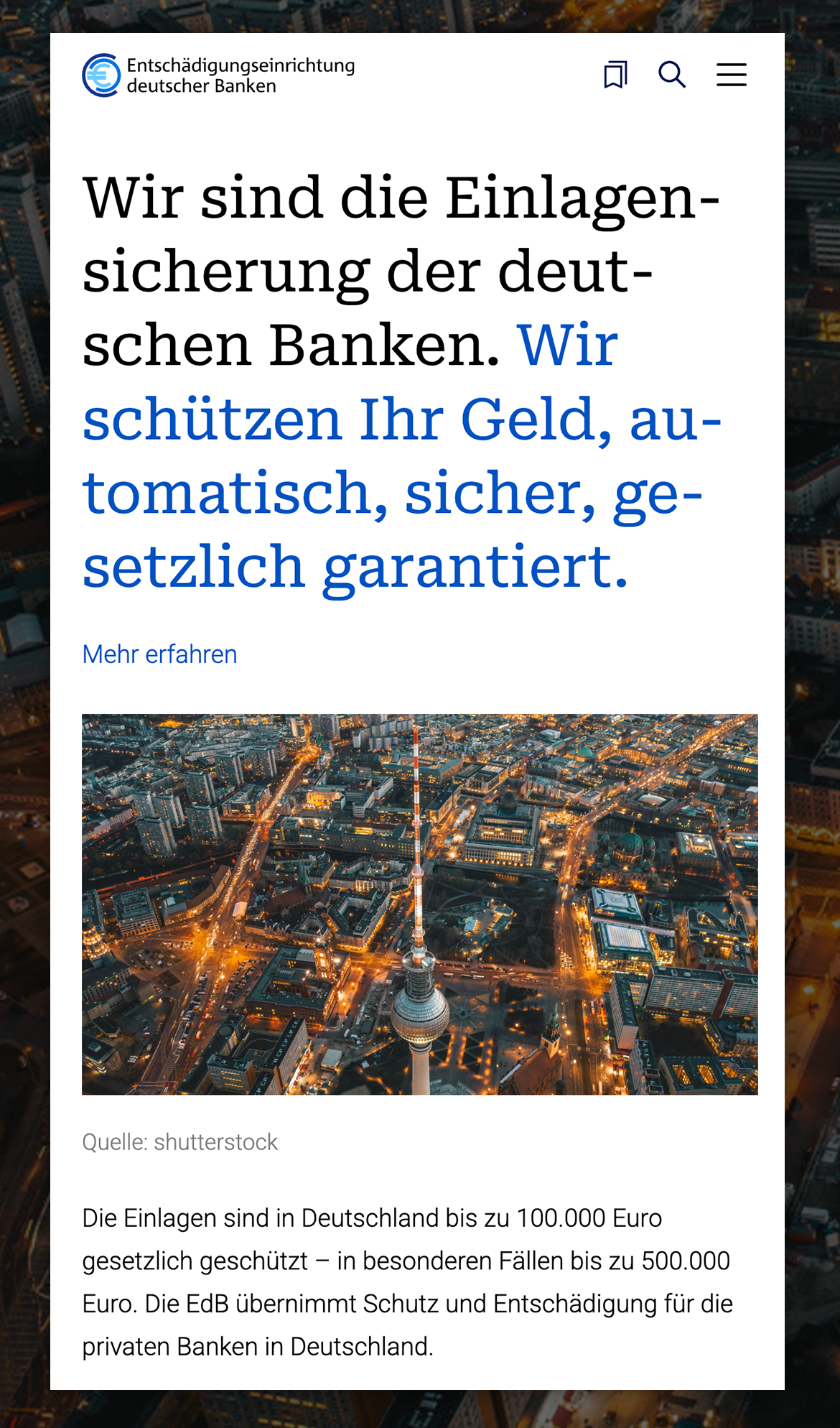 Screenshot vom Relaunch der Webseite Entschädigungseinrichtung deutscher Banken